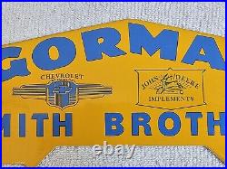 Vintage Gorman Smith Bros. John Deere Implements Chevrolet Porcelain Sign Topper Vintage Gorman Smith Bros. John Deere Implements Chevrolet Porcelain Sign Topper