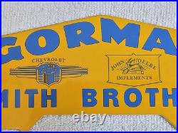 Vintage Gorman Smith Bros. John Deere Implements Chevrolet Porcelain Sign Topper Vintage Gorman Smith Bros. John Deere Implements Chevrolet Porcelain Sign Topper