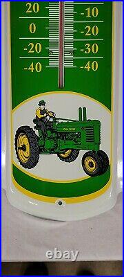 Vintage JOHN DEERE Metal 27×8¼ Wall Thermometer Works Mint Condition