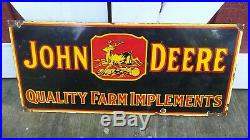 Vintage JOHN DEERE QUALITY FARM IMPLEMENTS porcelain sign farm gas oil Dealer