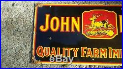 Vintage JOHN DEERE QUALITY FARM IMPLEMENTS porcelain sign farm gas oil Dealer