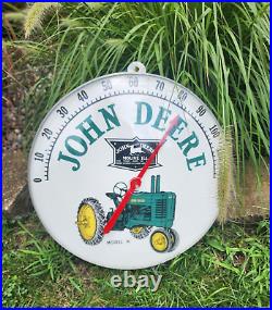 Vintage John Deere 18 Model A Tractor round farm advertising Thermometer