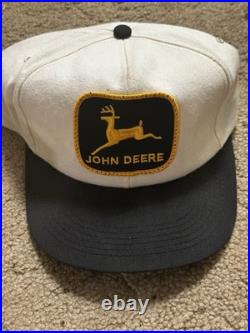 Vintage John Deere Patch Hat K Products Snapback Cap Beige Black Yellow 80s
