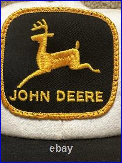 Vintage John Deere Patch Hat K Products Snapback Cap Beige Black Yellow 80s
