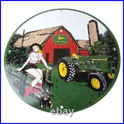 Vintage John Deere Pin Up Porcelain Sign Barn Tractor Farm Girl Sign