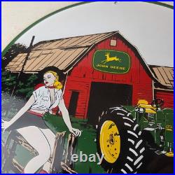 Vintage John Deere Pin Up Porcelain Sign Barn Tractor Farm Girl Sign
