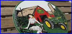 Vintage John Deere Porcelain Farm Gas Tractor Implements Barn Sales Service Sign
