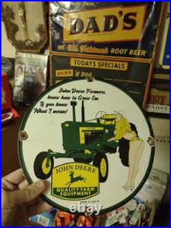 Vintage John Deere Porcelain Farm Sign Tractor Gas Oil Pump Motor Oil Sign
