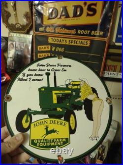 Vintage John Deere Porcelain Farm Sign Tractor Gas Oil Pump Motor Oil Sign
