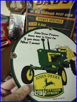 Vintage John Deere Porcelain Farm Sign Tractor Gas Oil Pump Motor Oil Sign