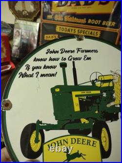 Vintage John Deere Porcelain Farm Sign Tractor Gas Oil Pump Motor Oil Sign