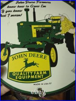 Vintage John Deere Porcelain Farm Sign Tractor Gas Oil Pump Motor Oil Sign