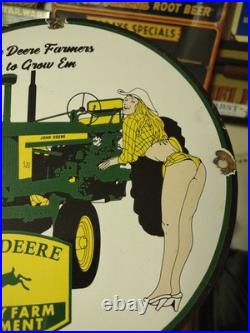 Vintage John Deere Porcelain Farm Sign Tractor Gas Oil Pump Motor Oil Sign