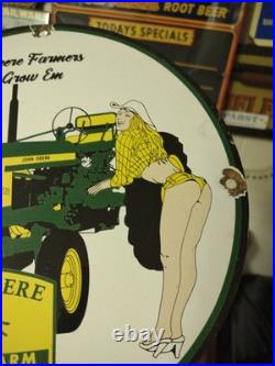 Vintage John Deere Porcelain Farm Sign Tractor Gas Oil Pump Motor Oil Sign