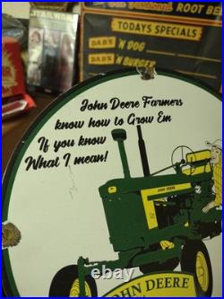 Vintage John Deere Porcelain Farm Sign Tractor Gas Oil Pump Motor Oil Sign