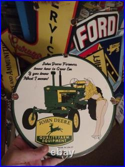 Vintage John Deere Porcelain Farm Sign Tractor Gas Oil Pump Motor Oil Sign