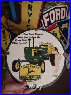Vintage John Deere Porcelain Farm Sign Tractor Gas Oil Pump Motor Oil Sign