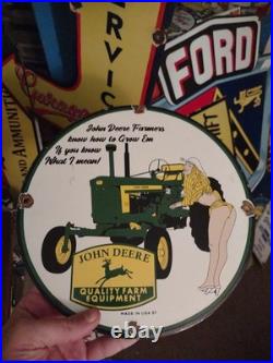 Vintage John Deere Porcelain Farm Sign Tractor Gas Oil Pump Motor Oil Sign