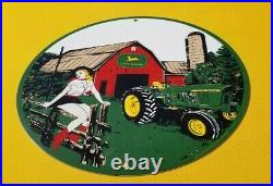 Vintage John Deere Porcelain Farm Tractor Implements Barn Service Gas Oil Sign
