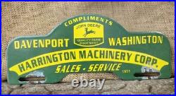 Vintage John Deere Porcelain License Plate Topper Davenport Washington 11 X 5