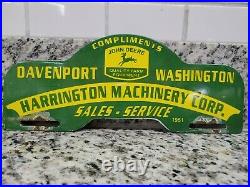 Vintage John Deere Porcelain Sign Farm Machinery Tractor Service Gas Tag Topper