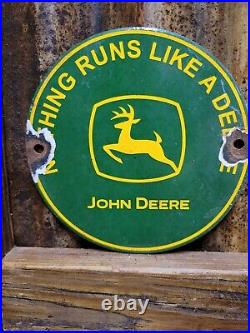 Vintage John Deere Porcelain Sign Farm Tractor Advertising Dealer Gas Oil Deer 6