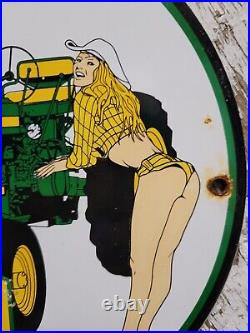 Vintage John Deere Porcelain Sign Intl Harvester Farm Tractor Gas Oil Girl Truck