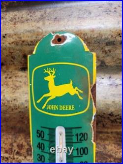 Vintage John Deere Porcelain Sign Old Thermometer Farm Equipment Tractor Dealer