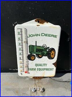 Vintage John Deere Porcelain Thermometer Farm Tractor Huntin Gas Oil Garage Sign
