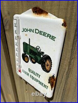 Vintage John Deere Porcelain Thermometer Farm Tractor Huntin Gas Oil Garage Sign