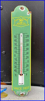 Vintage John Deere Porcelain Thermometer Sign Farm Tractor Agriculture Oil Gas