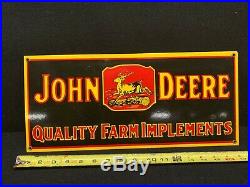 Vintage John Deere Quality Farm Implements Metal Tin Sign 26x10 Awesome Shape