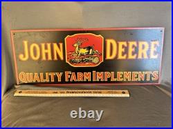 Vintage John Deere Quality Farm Implements Porcelain Metal Sign 26 X10 Inches