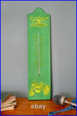 Vintage John Deere Tractor Thermometer faux wood Sign Green Advertising RARE