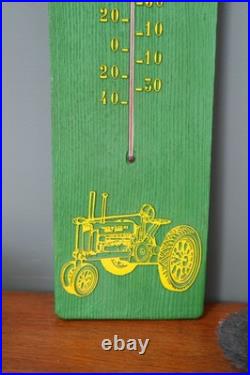 Vintage John Deere Tractor Thermometer faux wood Sign Green Advertising RARE