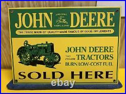 Vintage John Deere Tractors Porcelain Metal Sign Gas Oil Farm Great Shape