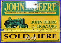Vintage John Deere Tractors Sold Here Enameled Metal Sign 1-Sided 14 X 10