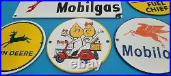 Vintage Mobil, Texaco, Esso Gasoline, John Deere 5 Porcelain Gas Service Signs