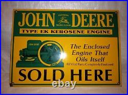 Vintage Porcelain JOHN DEERE EK Kerosene Hit & Miss Engine Sign Antique Tractor