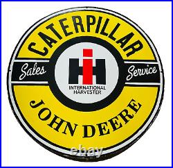 Vintage Porcelain John Deere Caterpillar 48 Inch Round Advertising Enamel Sign