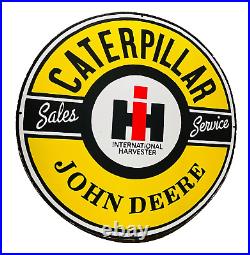 Vintage Porcelain John Deere Caterpillar 48 Inch Round Advertising Enamel Sign