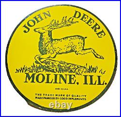 Vintage Porcelain John Deere Moline, Ill. 48 Inch Round Advertising Enamel Sign