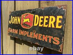 Vintage Porcelain John Deere Sign USA Oil Gas Pump Farm Implements Tractor Deer