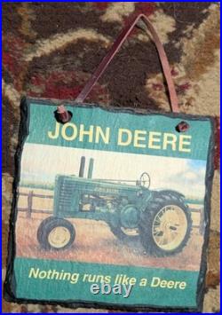 Vintage Tractor Pictures in Aged Wooden Frames, John Deere Slate Signs & Tray