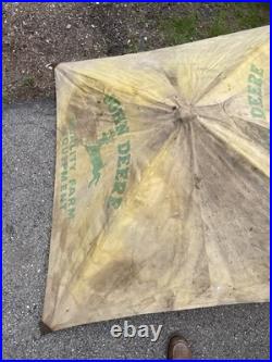 Vtg John Deere Canvas Tractor Umbrella Farm Equipment Advertising sign W Pole